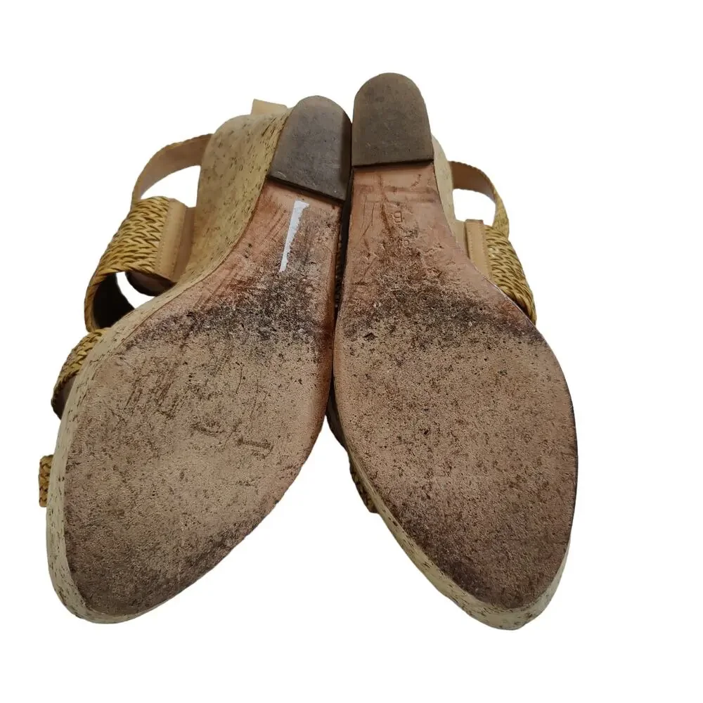 Loeffler Randall Women's Sz 9.5 Lake Strappy Woven Cork High Wedge Sandal Tan